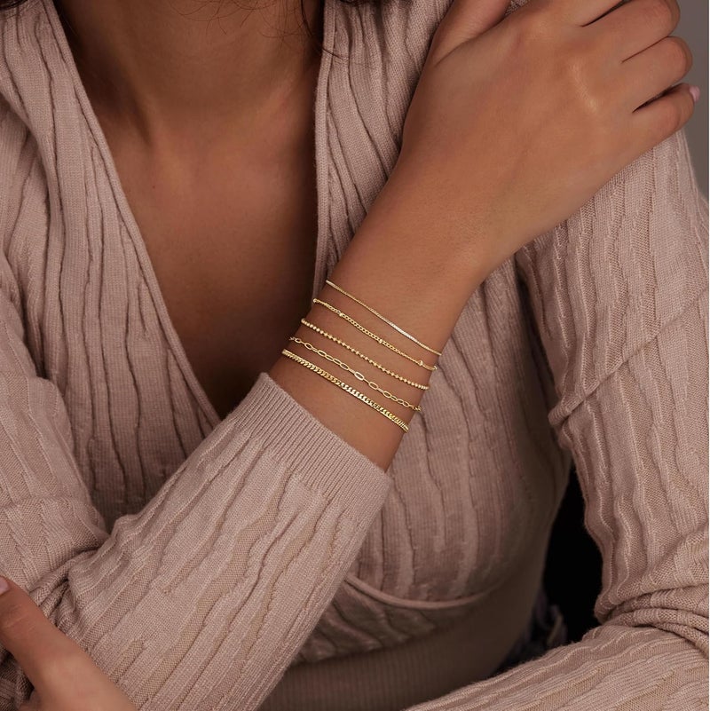 Poxtex Gold Bracelets Set for Women Stack, Dainty Thick Bracelets Stack for Women Trendy, Simple Thin Gold Plated Cuff Stackable Bracelets With Beaded Cuban Paperclip Snake Rope Bangle Hand Chain Jewelry Gifts for Women Non Tainish - Image 4